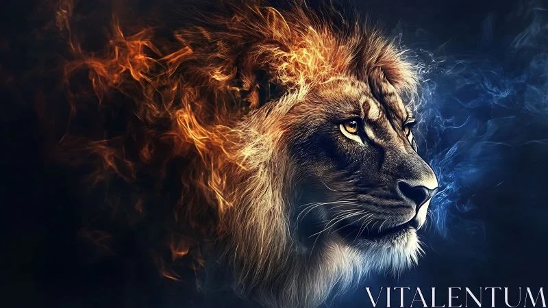 Lion profile forged from fire and smoke on dark void