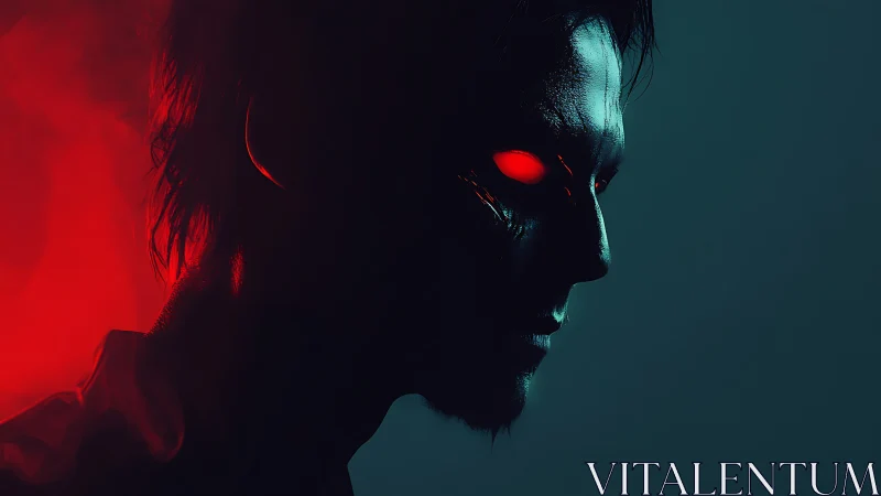 Side profile shows cybernetic figure with illuminated red eyes