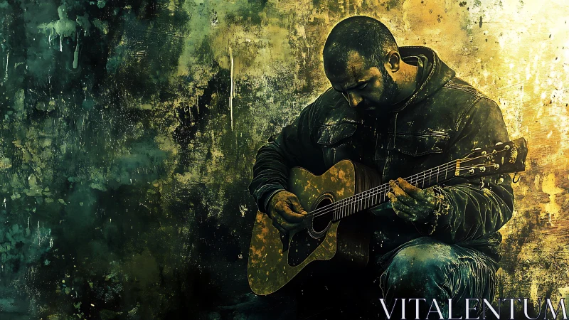 Moody guitarist playing acoustic guitar against grunge wall.
