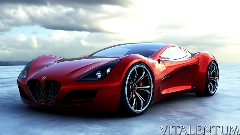 Red concept supercar glows over reflective salt flats.