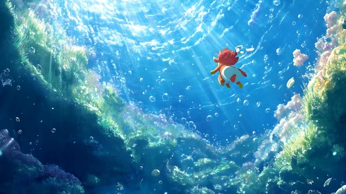Small character swimming upward in sunlit underwater scene.