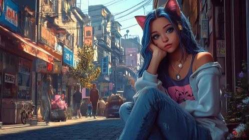 Blue haired cat girl rests in neon lit urban side street.