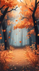 Autumn Forest Pathway with Cascading Foliage and Misty Atmosphere