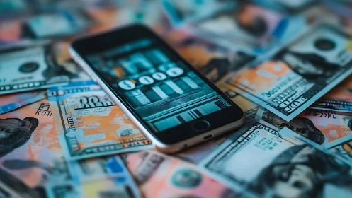 Smartphone bankroll basking on a neon-splashed cash sea.