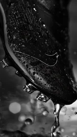 Macro close-up of wet textured soccer cleat with dripping water