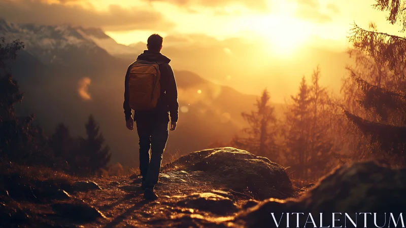 Lone hiker walks into blazing mountain sunset glow.
