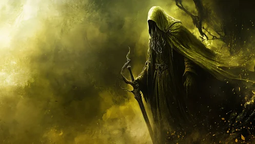 Hooded reaper of the yellow fog, cradling twin doomblades.
