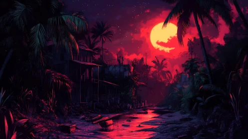 Neon-illuminated jungle canal under oversized crimson moon