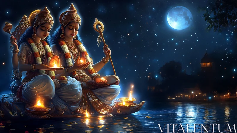 Moonlit divine figures with glowing lamps on tranquil river.