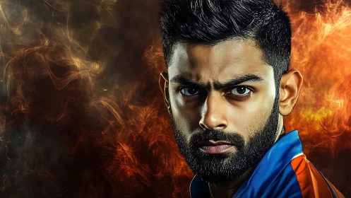 Intense bearded athlete portrait against fiery abstract background