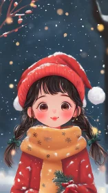 Smiling girl in red winter coat and hat in snowfall.