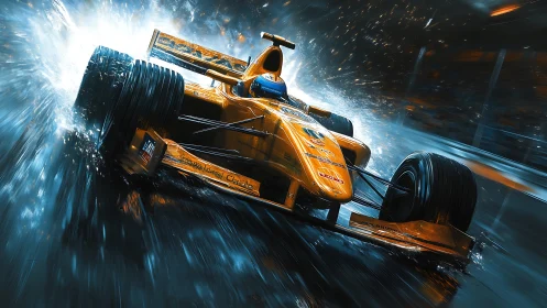 Orange Formula race car powers through wet night circuit.