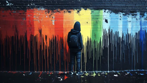 Hooded figure studies dripping rainbow graffiti wall at night.
