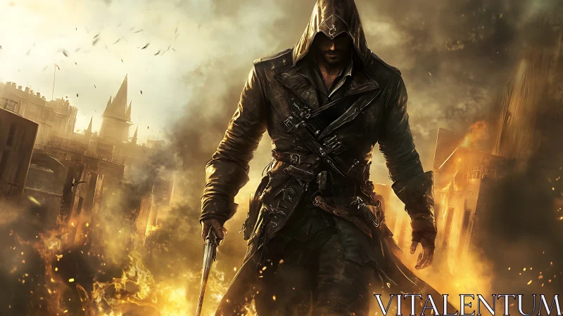 Hooded rogue strides through burning steampunk cityscape.