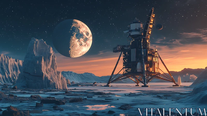 3D lunar lander on frozen exoplanet plain at cinematic dusk.