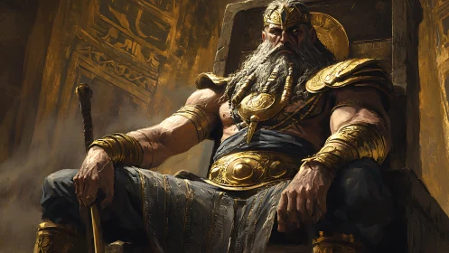 Armored warrior king seated on gilded throne in chiaroscuro light