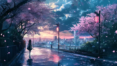 Girl on wet cherry blossom path above illuminated city.