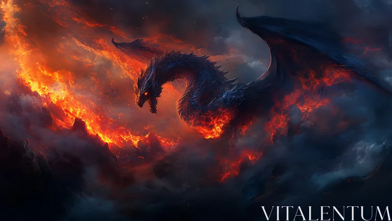 Infernal dragon arcs above volcanic ridge in high-impact fantasy