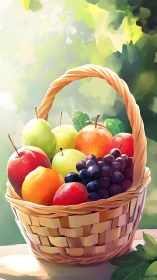 Sunlit wicker basket holding vibrant summer fruit still life.