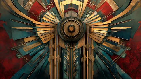 Geometric gold radial structure over red teal background.