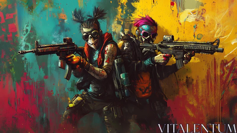 Cyberpunk raiders stand ready against neon graffiti chaos.