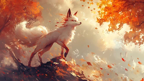 White fox on rocky slope amid bright autumn foliage.