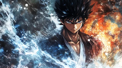 Elemental warrior glares as fire and ice tear the storm open