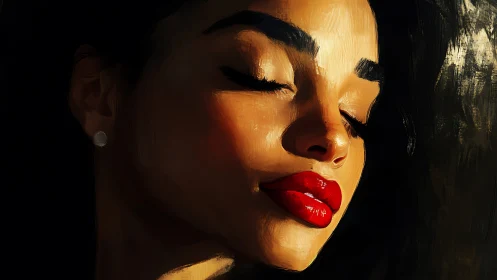 Woman with closed eyes in warm light, bold red lips.