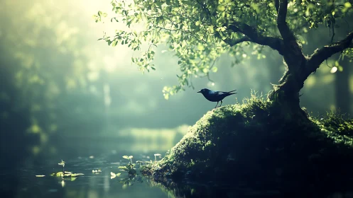 Serene blackbird on mossy riverbank, dreamy forest lighting.