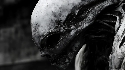 Brooding skeletal alien head in stark monochrome detail.