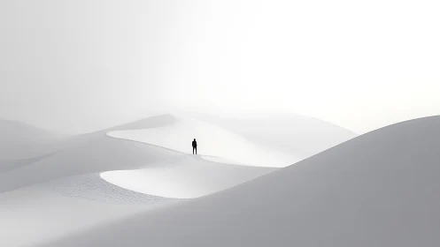 Solitary person stands on smooth white sand dunes in fog