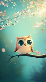 Soft-lit stylized owl with enlarged eyes perched on branch in bloom