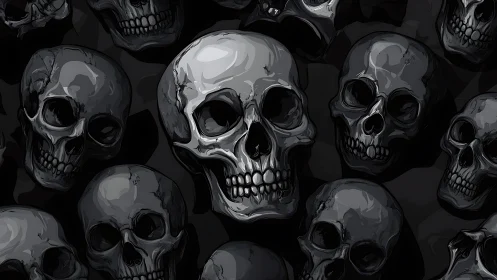 Monochrome human skull cluster on dark seamless background.