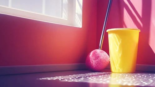 Sunny corner with cheerful cleaning bucket and brush.