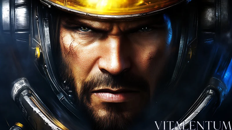 Cyberpunk marine portrait in high-contrast visor close-up.