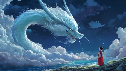 Sky serpent confronts solitary child over glowing ocean cliff