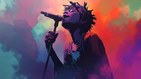 Neon cloudstage crooner bathed in molten concert colorstorm.