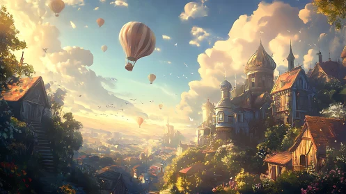 Sunlit fantasy town with hot air balloons at sunrise.