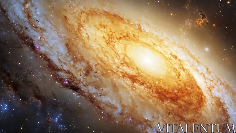 Spiraling galactic core in luminous golden starfield panorama.