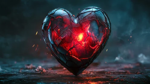 Luminescent heart form with fractured glass overlay.