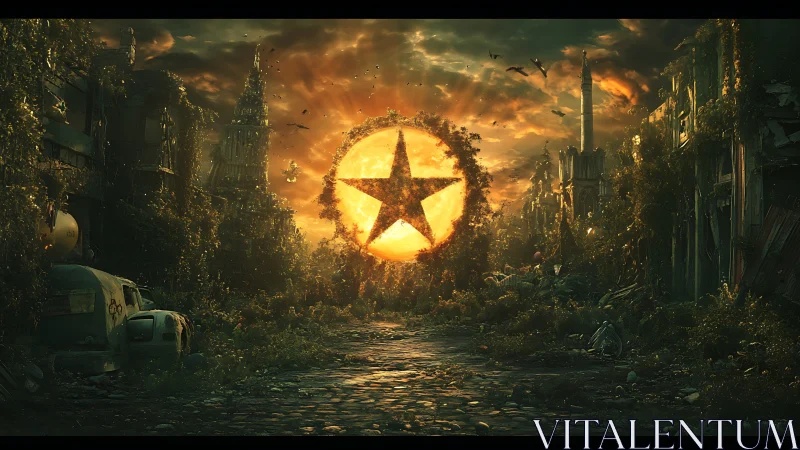 Post-apocalyptic avenue with radiant star-shaped sun portal.
