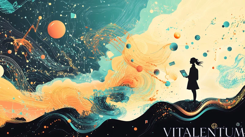 Silhouetted figure studies digital tablet amid abstract data flows