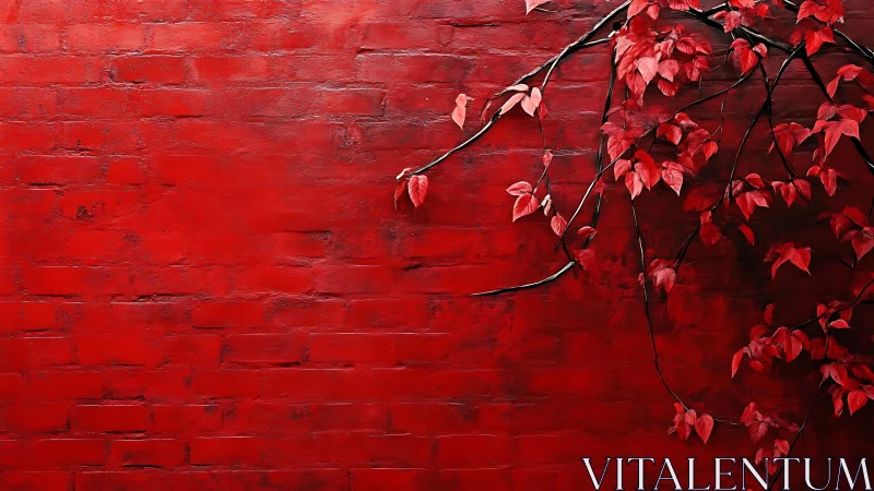 Red brick wall with climbing vine and clustered leaves