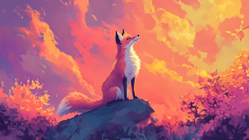 Fox standing on rocky hill under vivid sunset sky.