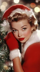 Retro holiday portrait of glamorous woman in red Santa attire.