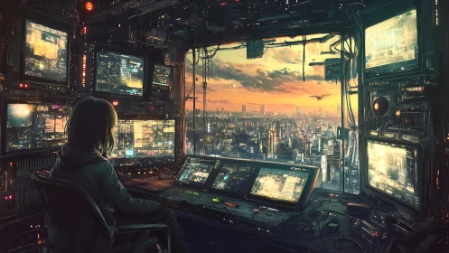 Solitary skyline hacker steering neon cities at dusk.