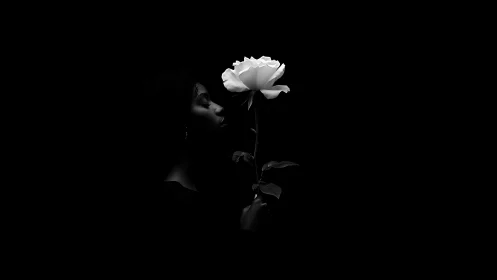 Woman holds single white rose in dramatic low key lighting