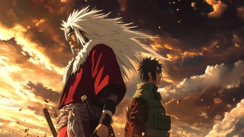 Stormlit warriors stand back to back in a golden sky