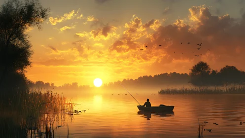 Golden sunrise embraces a peaceful fisherman on calm lake waters