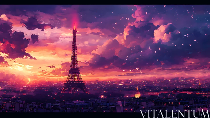 Eiffel Tower rises over glowing Paris skyline at sunset